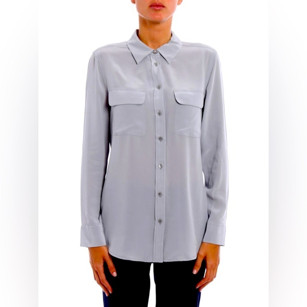 Jaeger Slate Grey Blue 100% Silk Shirt Size XS